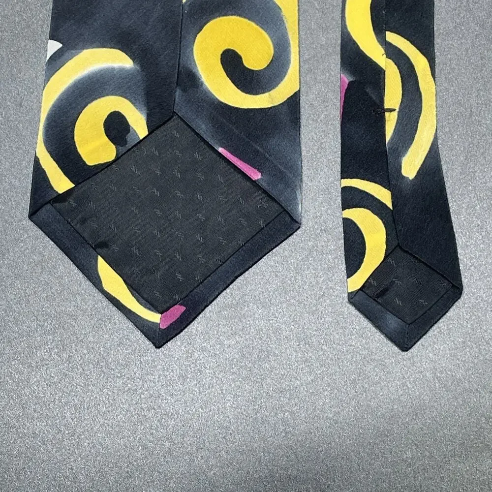 Vtg Marienbad Abstract Swirl Necktie Black Yellow Pink Designer 3.75” Artwear